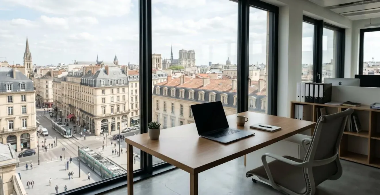 Bureau contemporain épuré avec un ordinateur portable fermé, grande fenêtre offrant une vue urbaine floue, lumière naturelle abondante