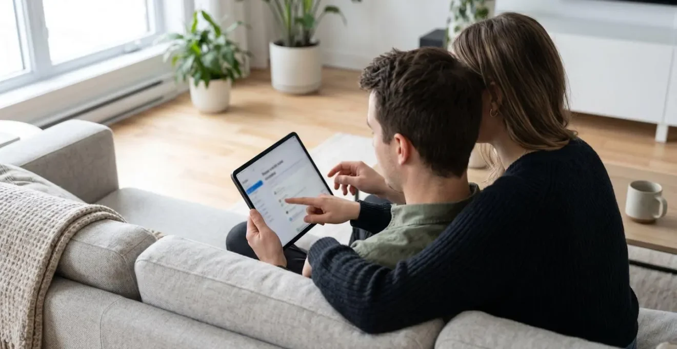 Un couple de trentenaires consulte ensemble une simulation de crédit immobilier sur une tablette, assis sur un canapé moderne dans un salon lumineux