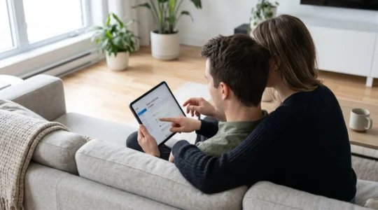 Un couple de trentenaires consulte ensemble une simulation de crédit immobilier sur une tablette, assis sur un canapé moderne dans un salon lumineux