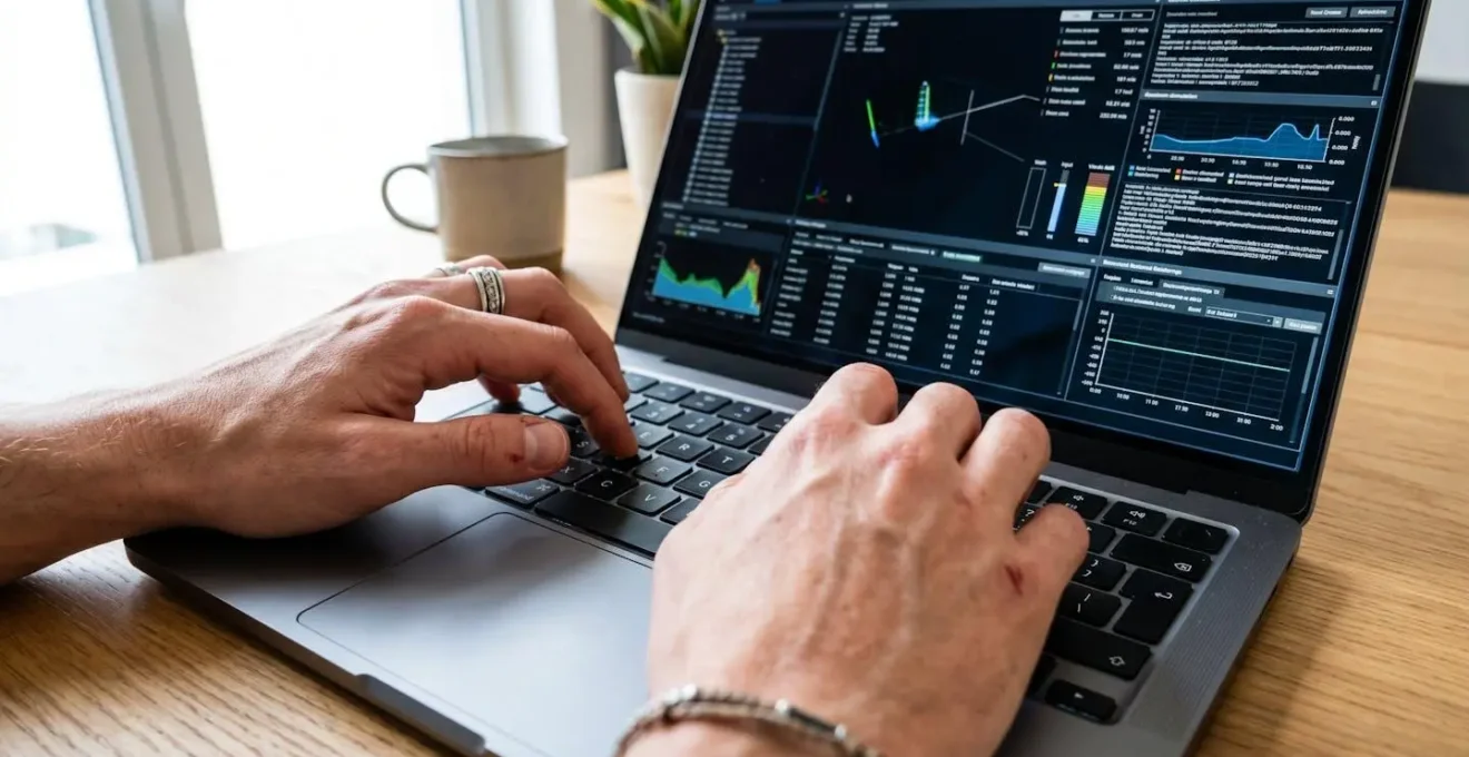 Gros plan sur des mains tapant sur le clavier d'un ordinateur portable moderne, avec un écran flouté en arrière-plan montrant une interface de simulation